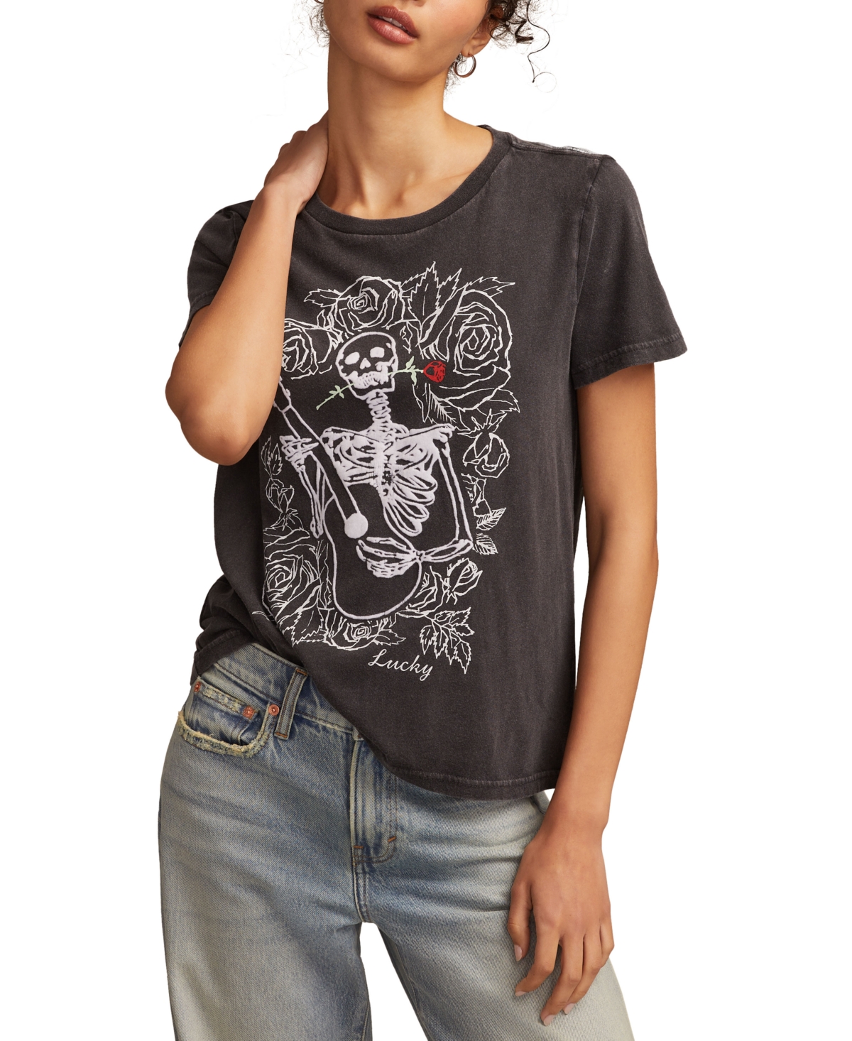 Lucky Brand Women's Guitar Skull Classic Crew Neck T-shirt In Black