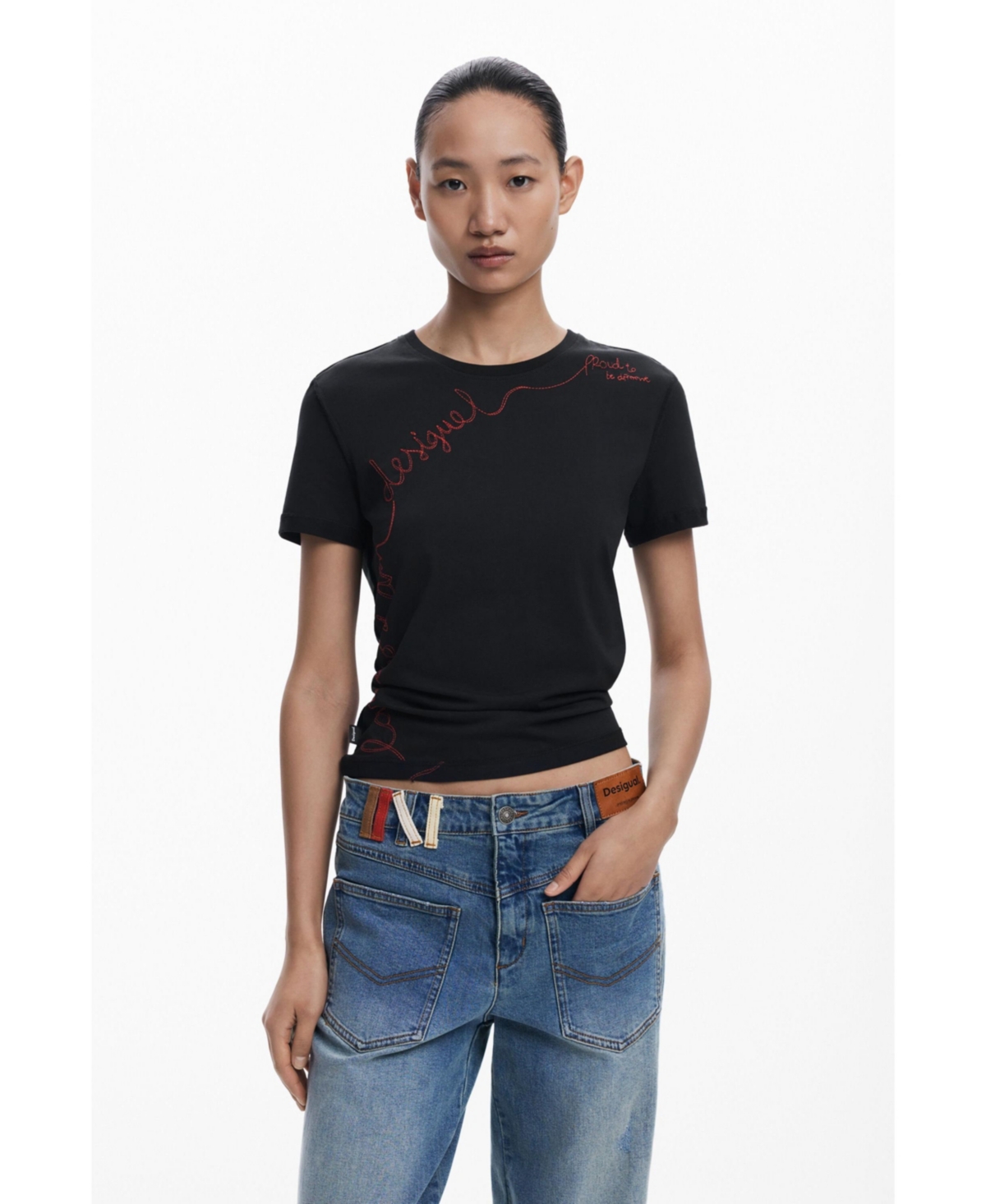 Desigual Embroidered Stretch Cotton T-shirt In Black