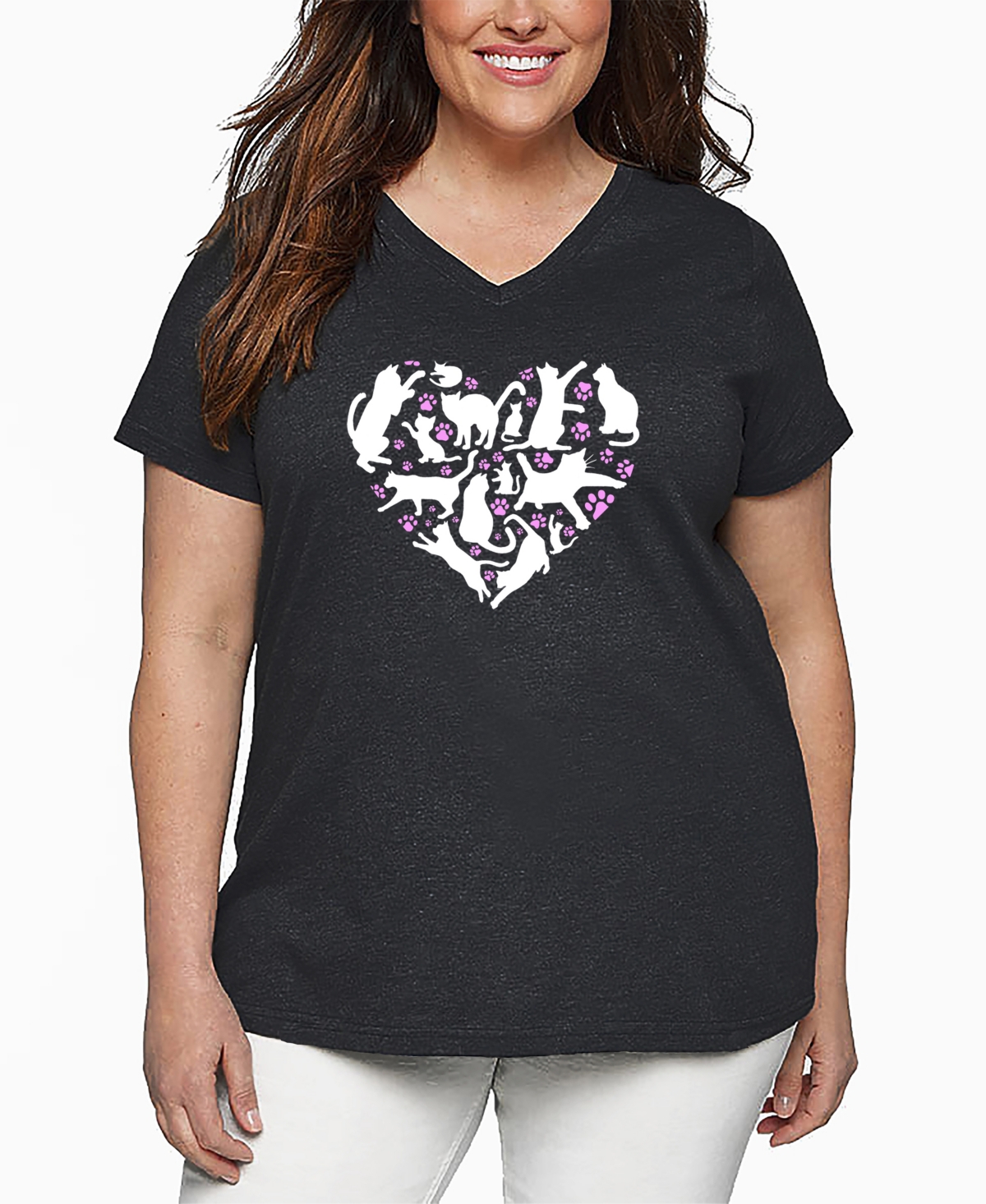 La Pop Art Plus Size Cat Heart Word Art V-neck T-shirt In Gray