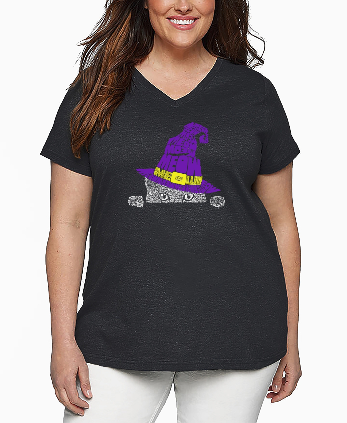La Pop Art Plus Size Peeking Witch Cat Word Art V-neck T-shirt In Gray