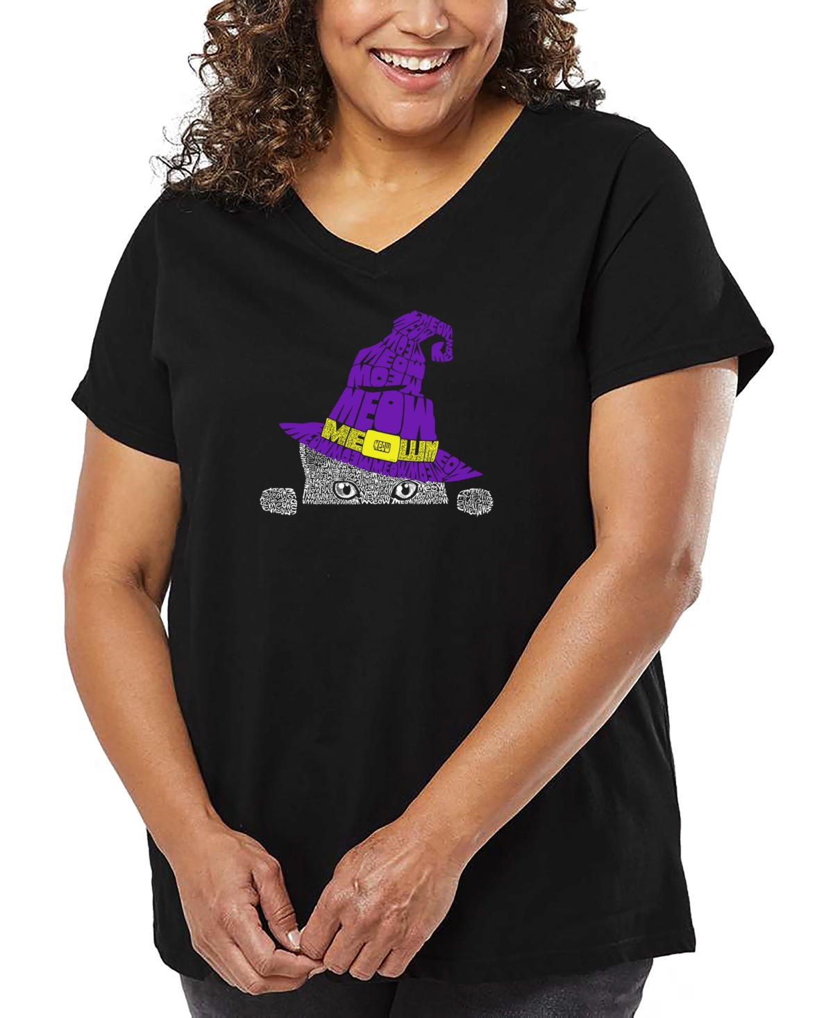 La Pop Art Plus Size Peeking Witch Cat Word Art V-neck T-shirt In Black
