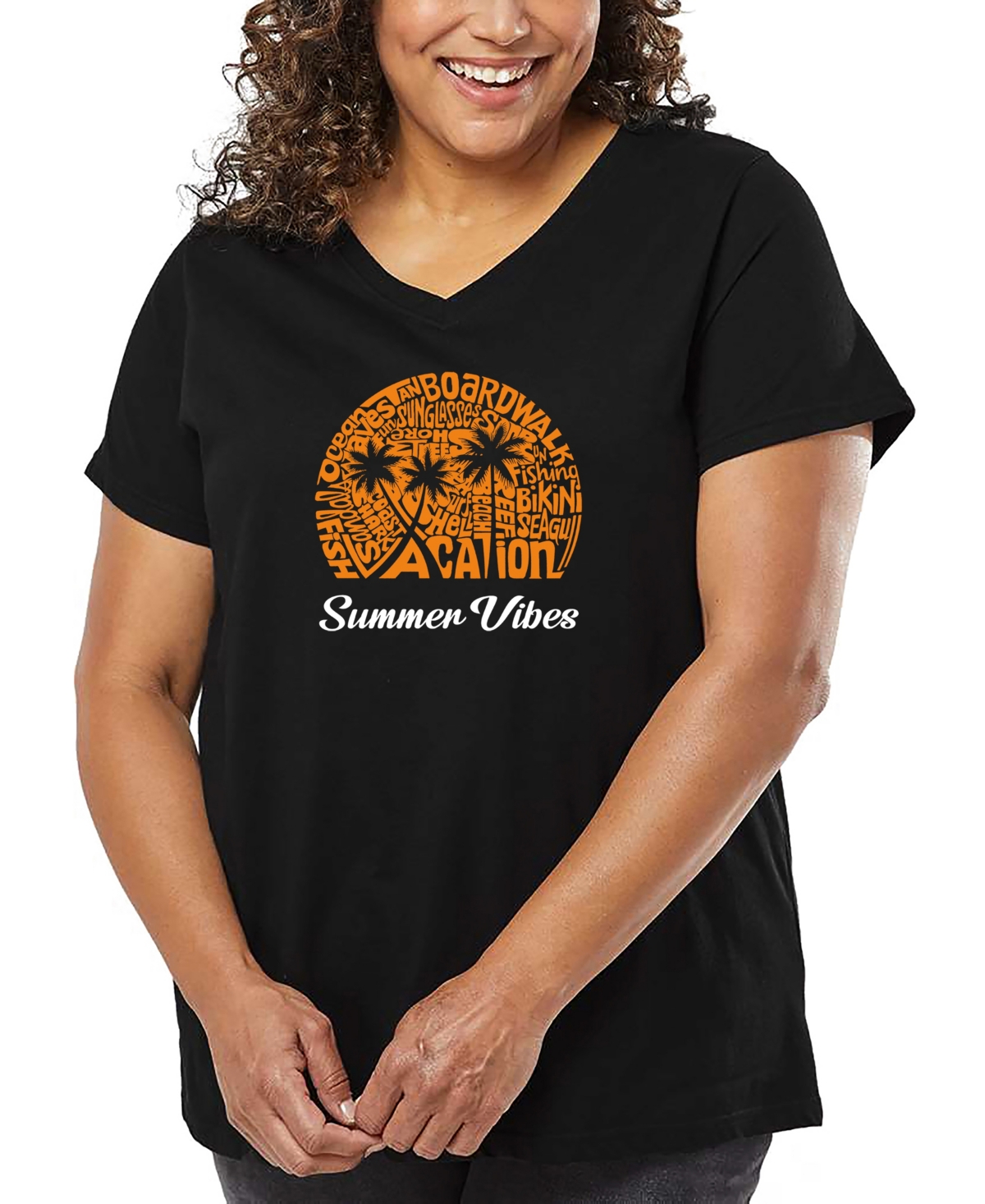 La Pop Art Plus Size Summer Vibes Word Art V-neck T-shirt In Black