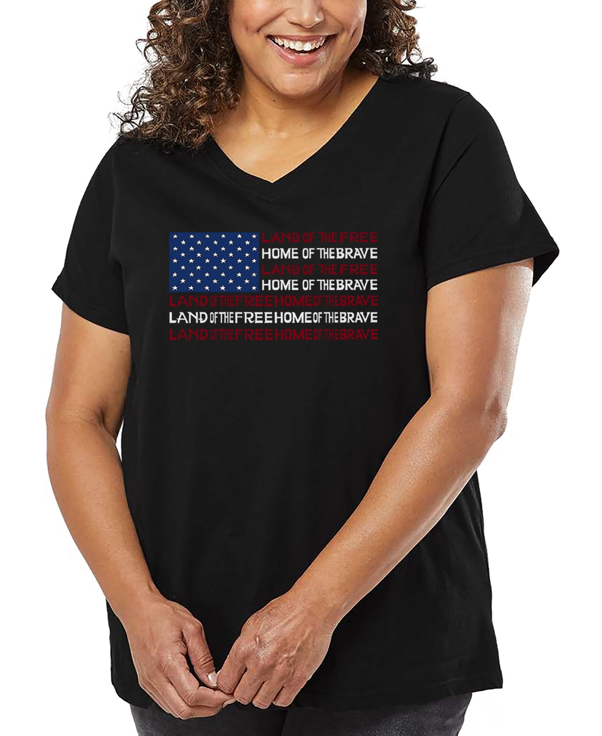 La Pop Art Plus Size Land Of The Free American Flag Word Art V-neck T-shirt In Black