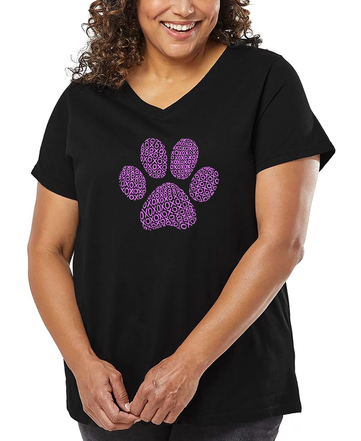 La Pop Art Plus Size Xoxo Dog Paw Word Art V-neck T-shirt In Black