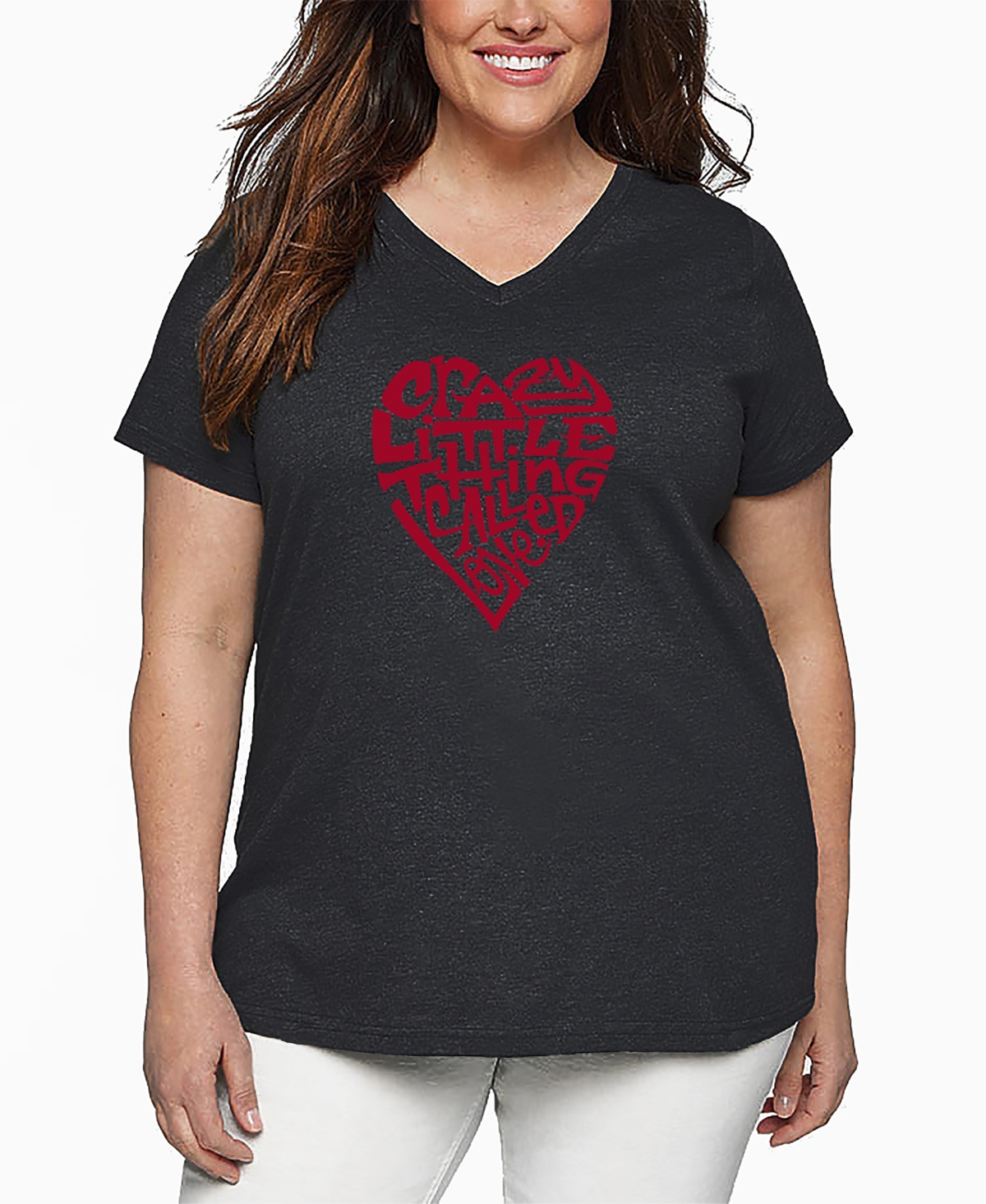 La Pop Art Plus Size Crazy Little Thing Called Love Word Art V-neck T-shirt In Gray