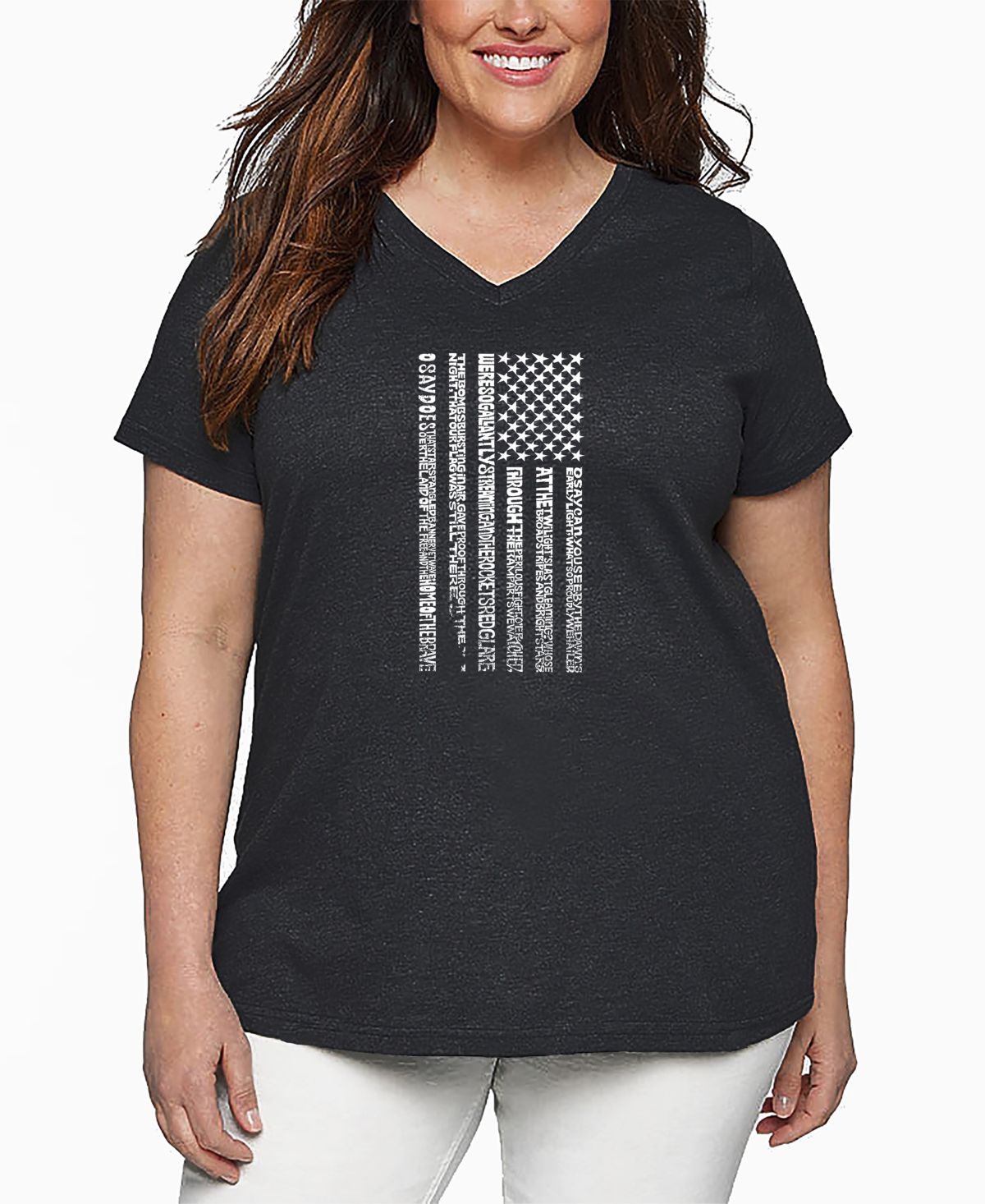 La Pop Art Plus Size National Anthem Flag Word Art V-neck T-shirt In Gray