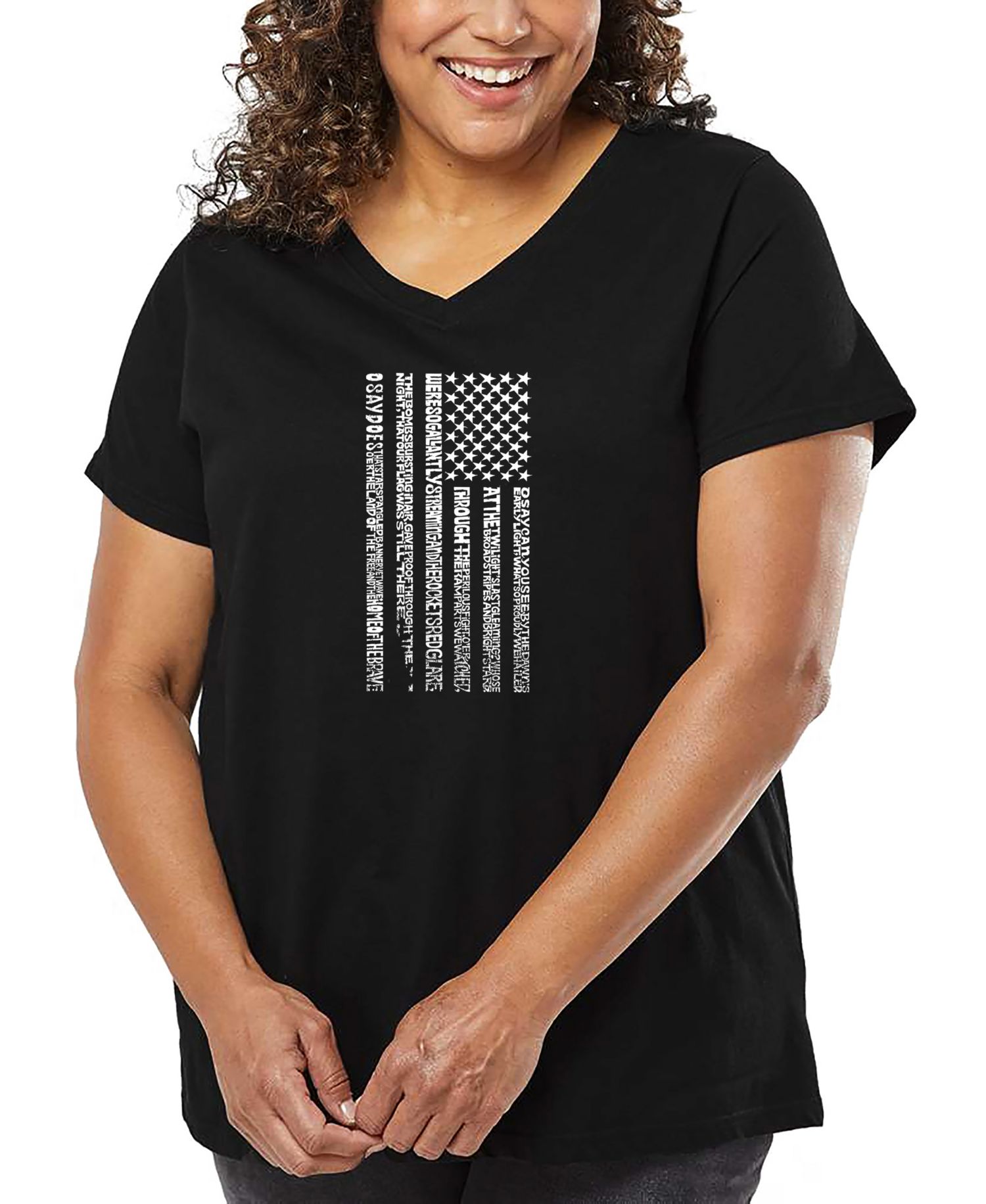 Plus Size National Anthem Flag Word Art V-Neck T-Shirt