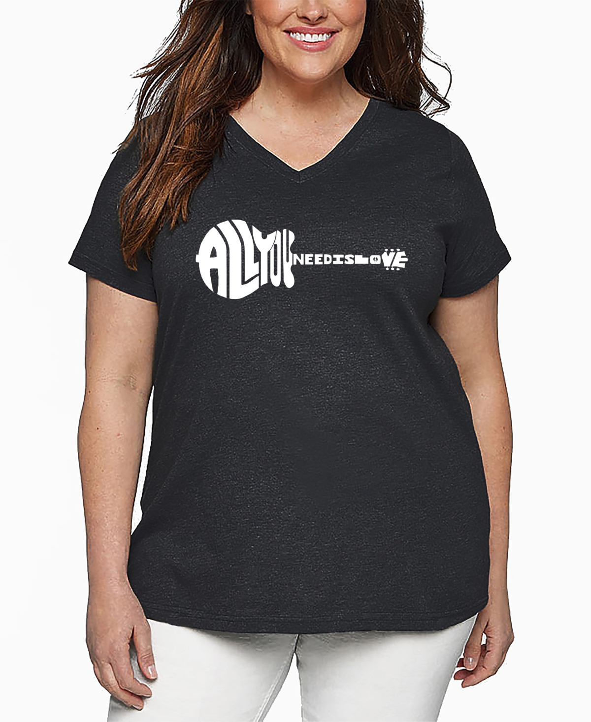 La Pop Art Plus Size All You Need Is Love Word Art V-neck T-shirt In Gray