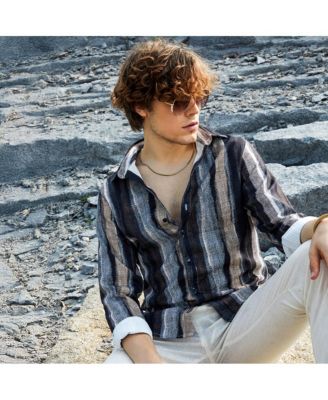 Men's Prussian Blue & Ash Brown Brushed-Stripe Shirt