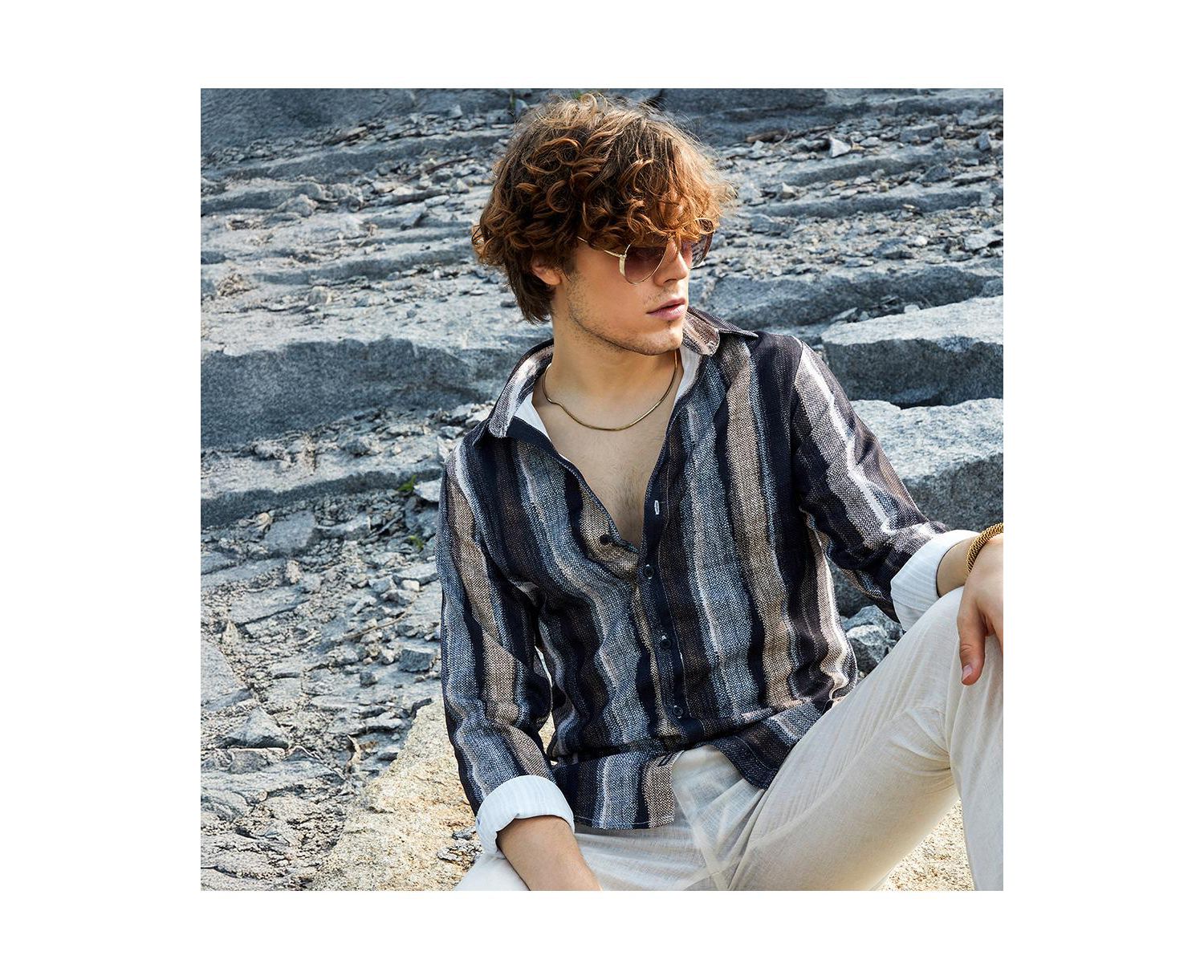 Men's Prussian Blue & Ash Brown Brushed-Stripe Shirt