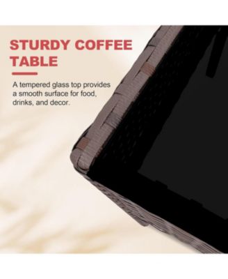 4 Pieces Brown/Red Rattan Outdoor Patio Furniture Set with Upholstered Sofa, 2 Chairs & Coffee Table for Backyard & Porch