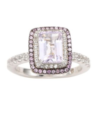 Suzy Levian Sterling Silver Emerald Cut Topaz and Sapphire Double Halo Ring