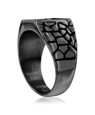 Stainless Steel, CZ Cross Pebbled Design Ring - Black Plated
