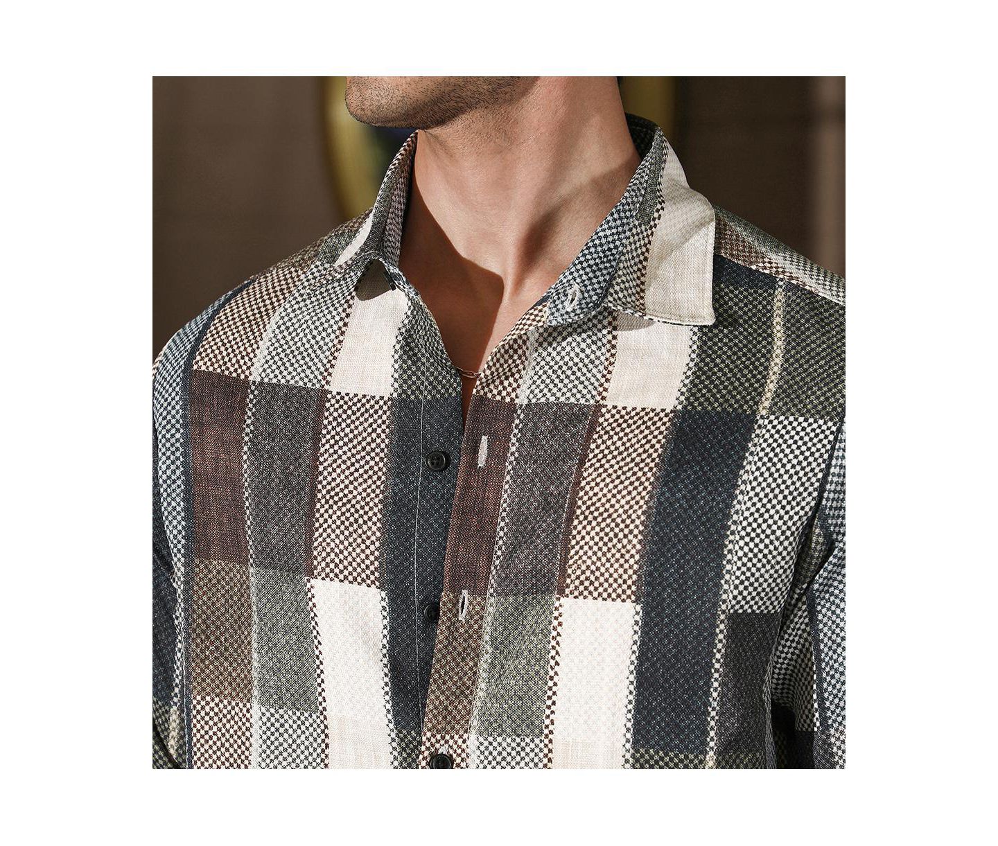 Мужская рубашка Cahoot Campus Sutra Multicolour Woven-Block Oversized, цвет: Серый — фото 5