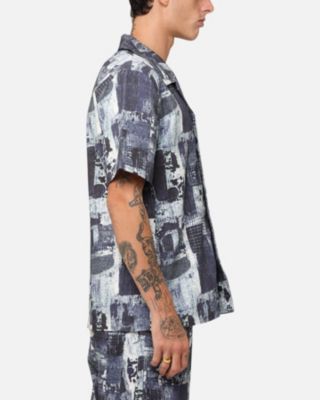 Men's Printed Denim Patch Button Up Shirt