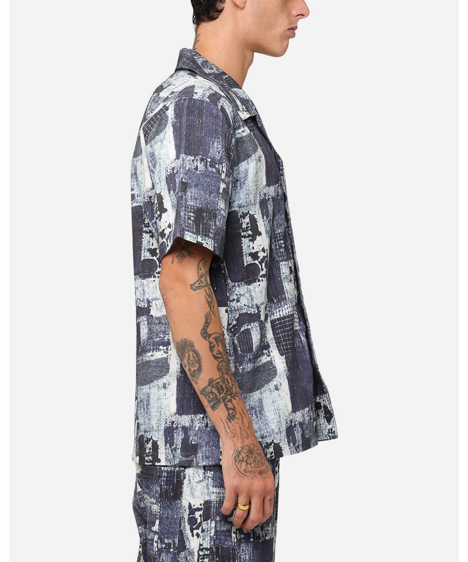 Men's Printed Denim Patch Button Up Shirt