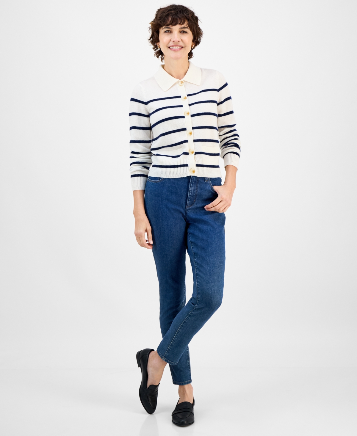 Charter Club Women's Cashmere Stripe Button-front Cardigan, Macy's Exclusive In White