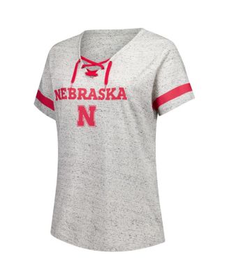 Women's Heather Gray Nebraska Huskers Plus Size Lace-Up V-Neck T-Shirt
