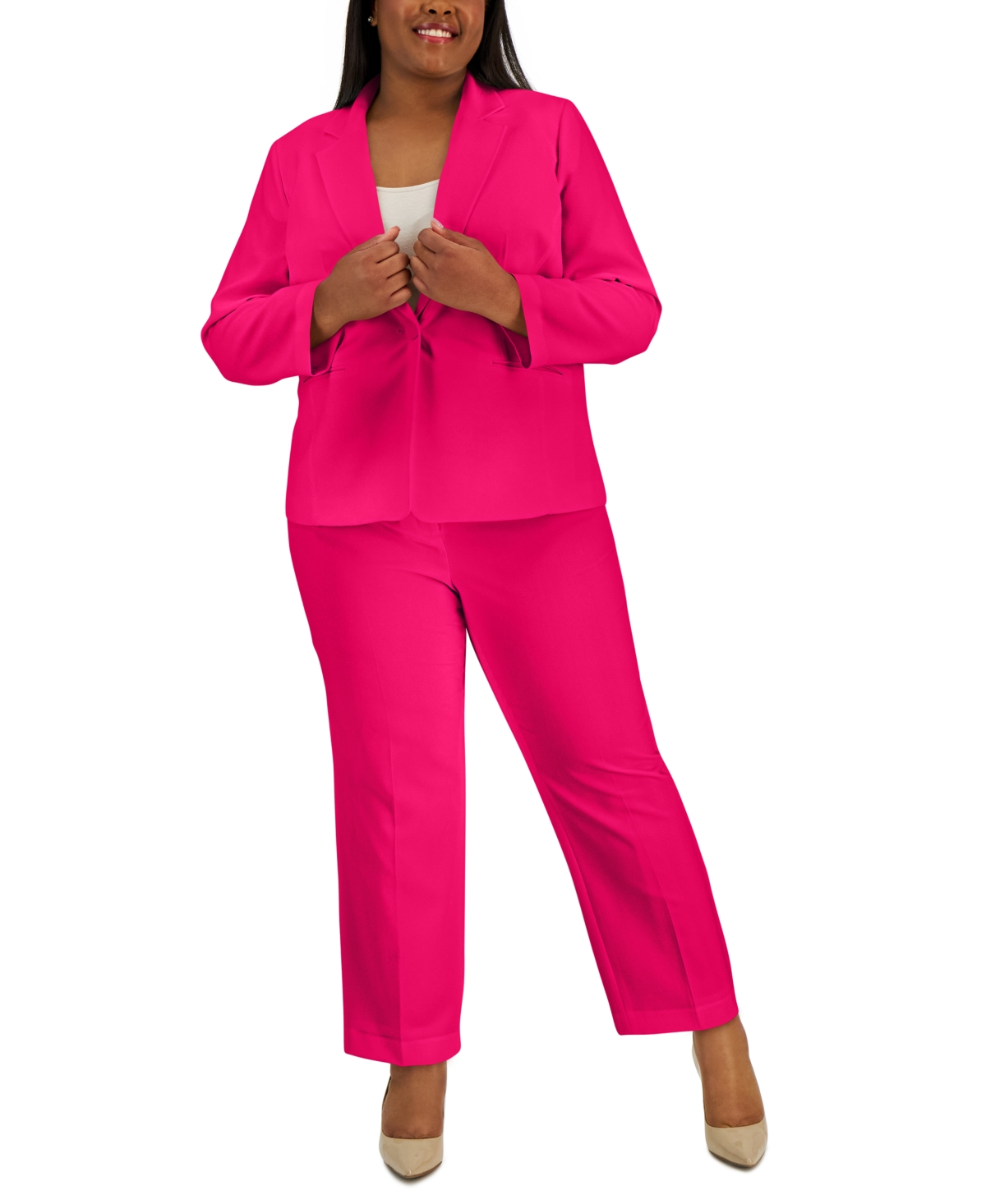 Le Suit Plus Women's Notched-lapel Blazer Pants Suit In Pink