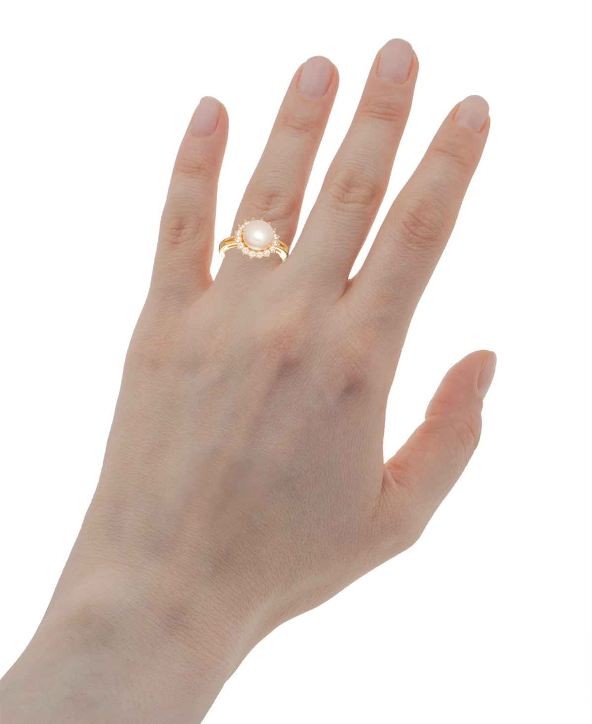 Macy's Cultured Freshwater Pearl (10mm) & Cubic Zirconia Halo Ring In 18k Gold-plated Sterling Silver In Transparent