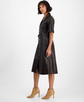 Women's Faux-Leather Belted Button-Front Dress