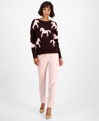 Women's Horse-Print Crewneck Long-Sleeve Sweater 
