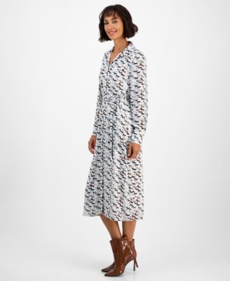 Women's Horse-Print Button-Front Long-Sleeve Dress