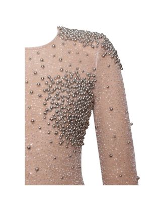 Women Rita Embroidered Mesh Silver Beaded Mermaid Gown