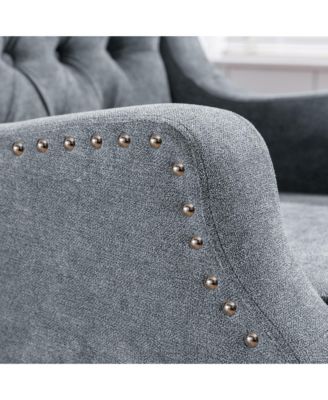 Footrest Chair Set with Vintage Brass Studs, Button Tufted Upholstered Armchair