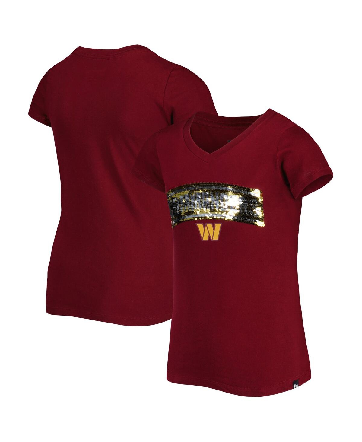 New Era Big Girls Burgundy Washington Commanders Reverse Sequin Wordmark V-neck T-shirt In Brown