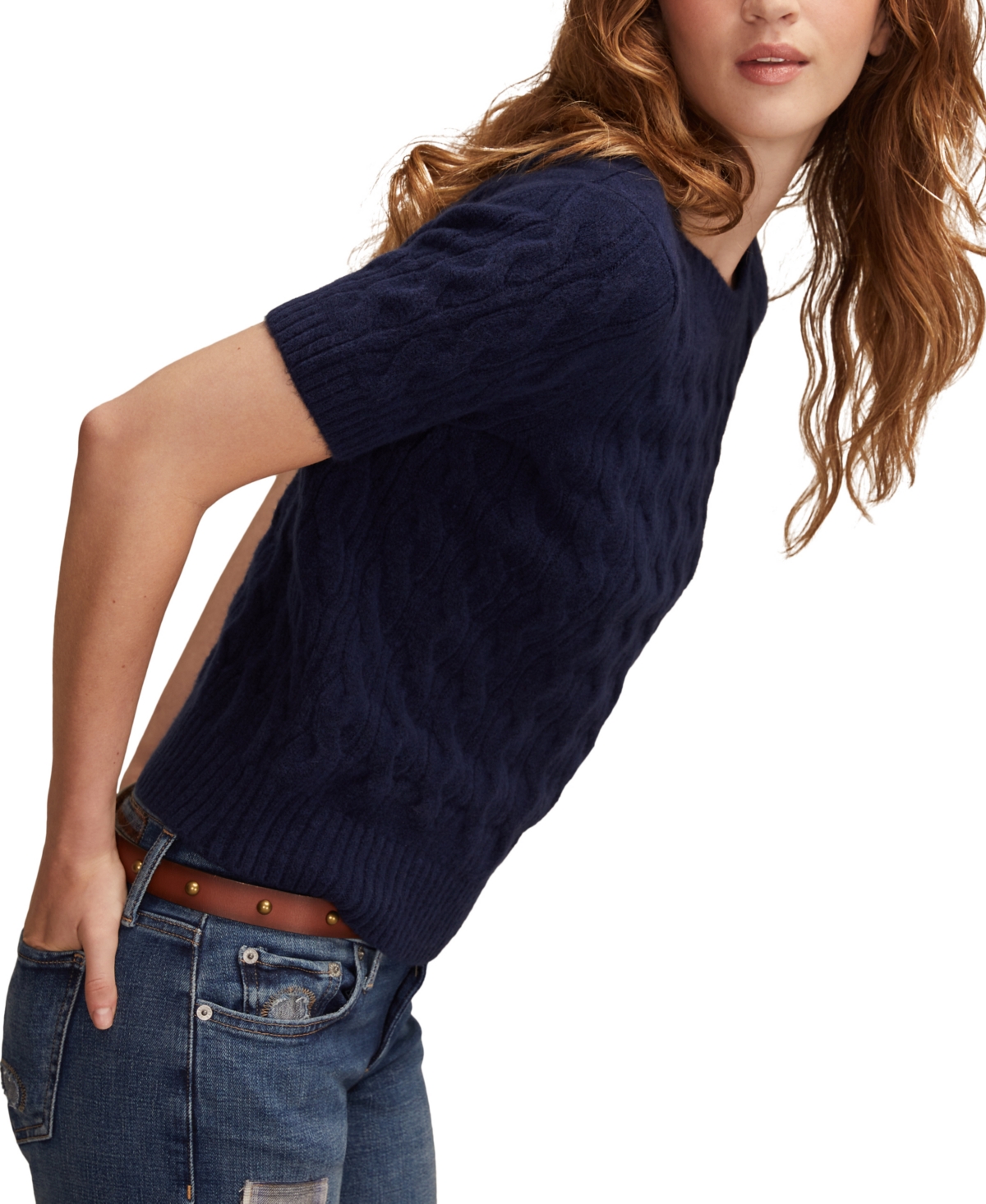 Lucky Brand Cloud Soft Cable Stitch Short Sleeve Sweater In Blue