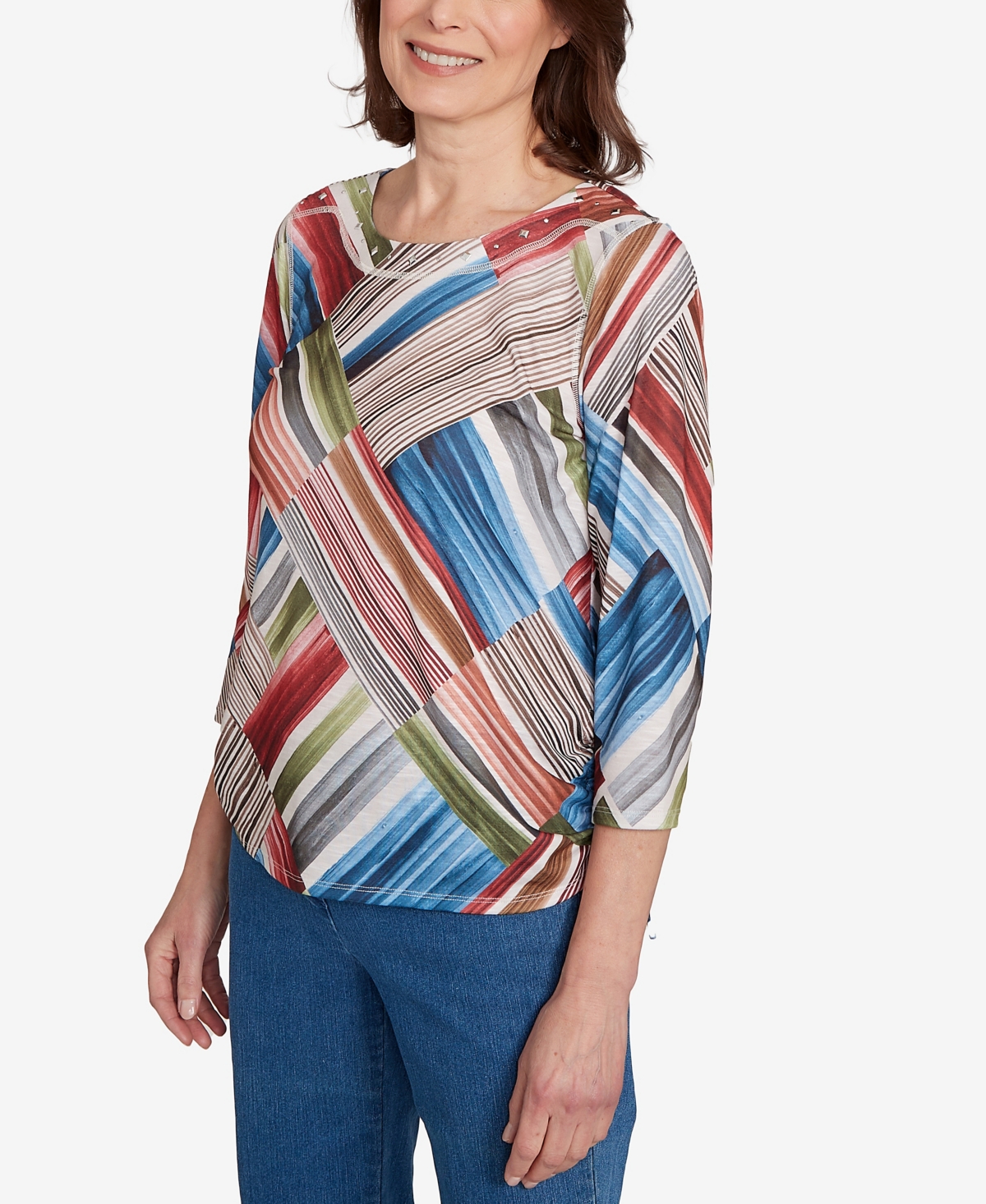 Alfred Dunner Women's Classic Stripe Patchwork Ruched Sides Top In Multi