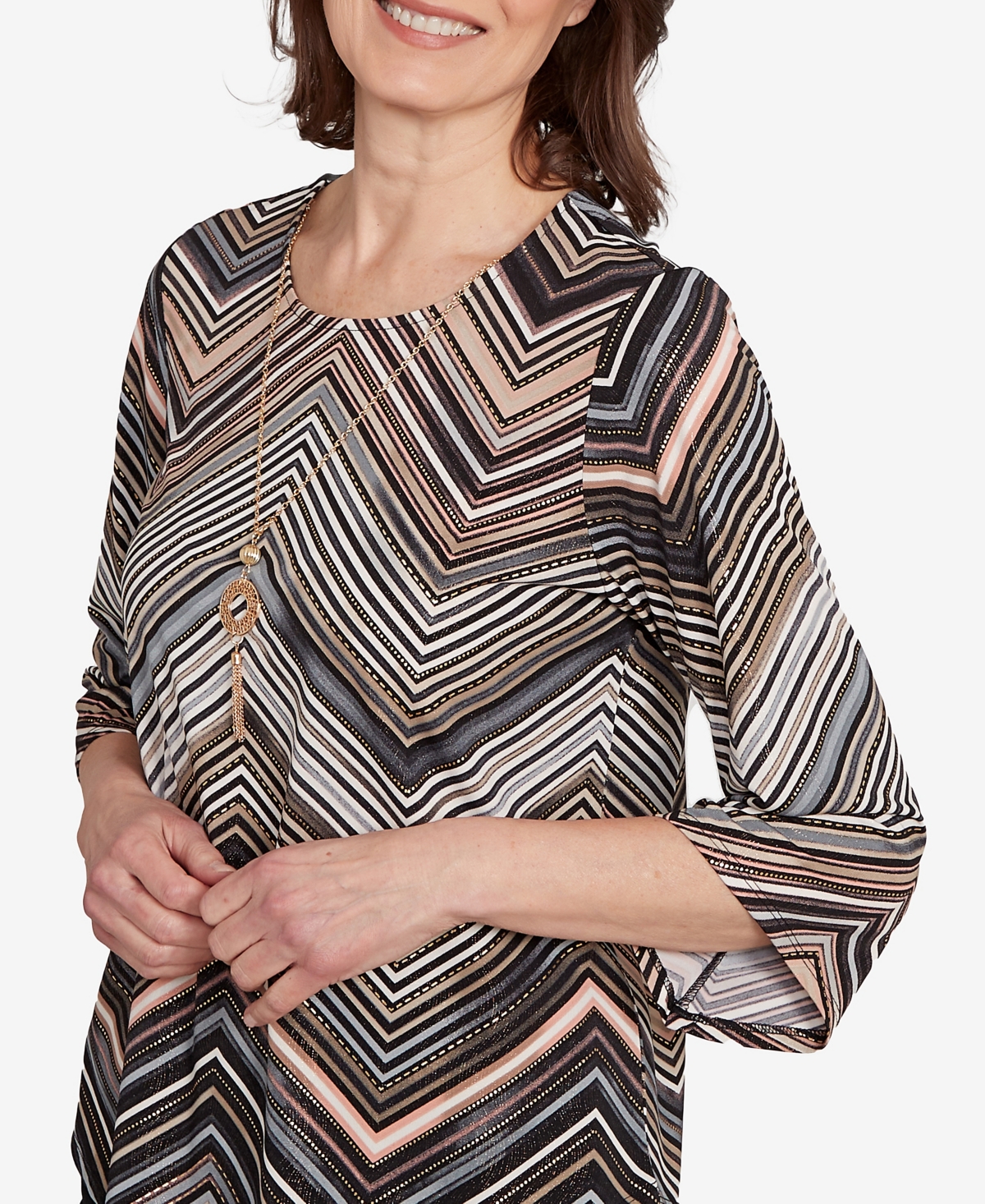 Alfred Dunner Plus Size Classic Chevron Stripe Crew Neck Top In Brown