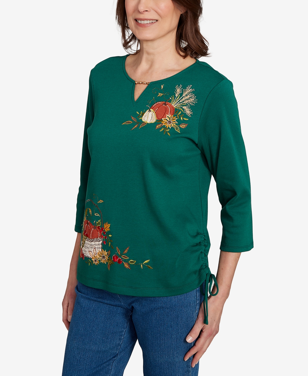 Alfred Dunner Women's Classic Asymmetric Pumpkin Split Beaded Floral Top In Green