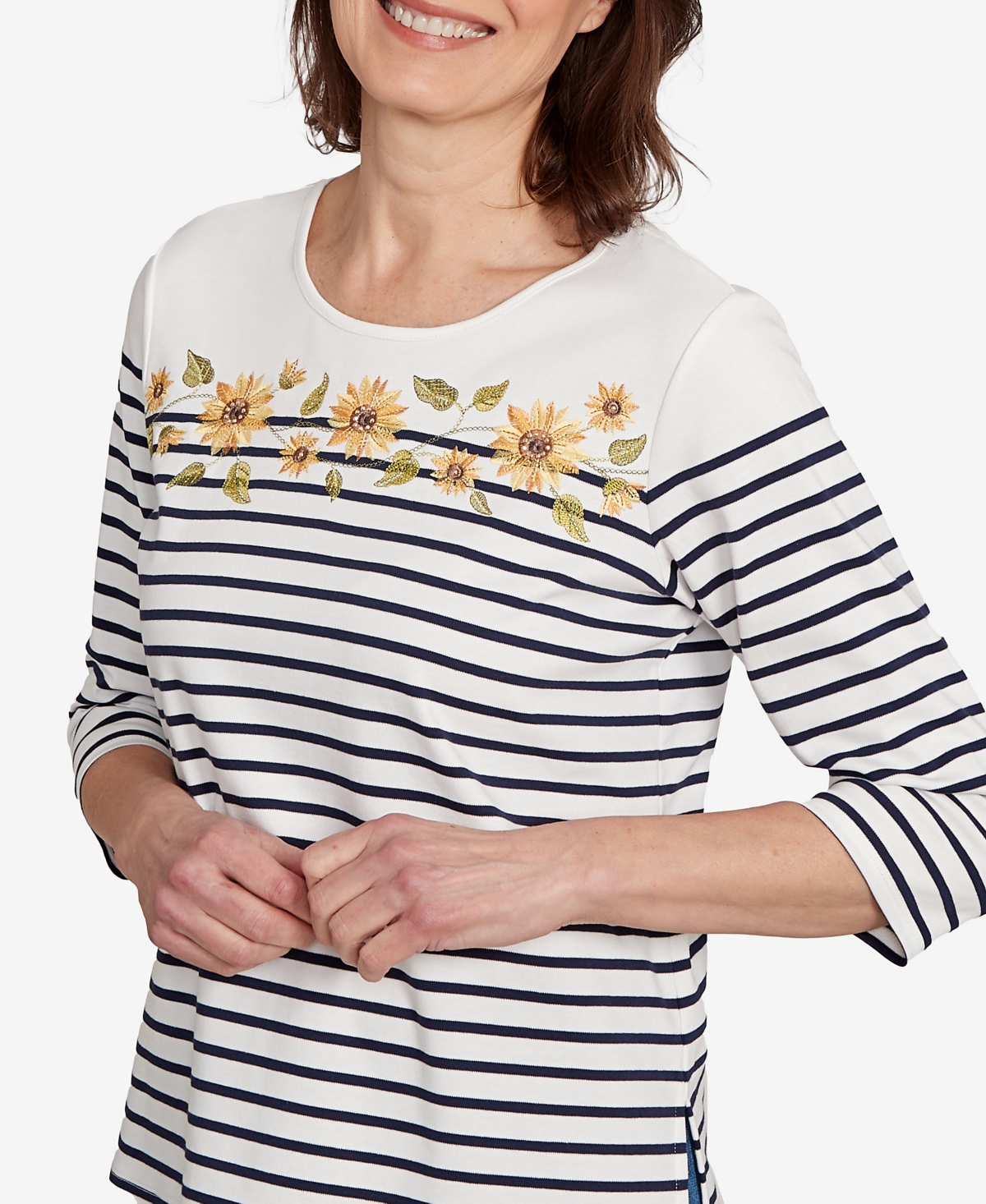 Alfred Dunner Petite Sunflower Stripe Top In Gray