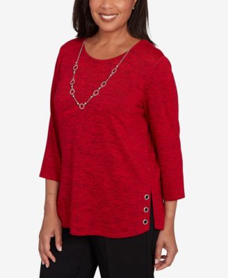 Women's Classic Melange Side Button Crew Neck Top with Necklace