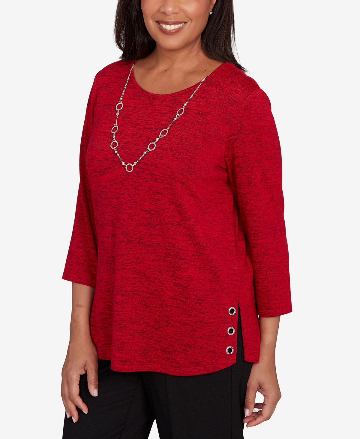 Alfred Dunner Women's Classic Melange Side Button Crew Neck Top With Necklace In Red