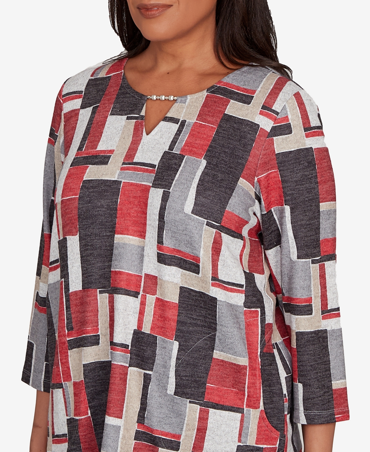Alfred Dunner Women's Classic Color Block Split Beaded Neck Top In Multi