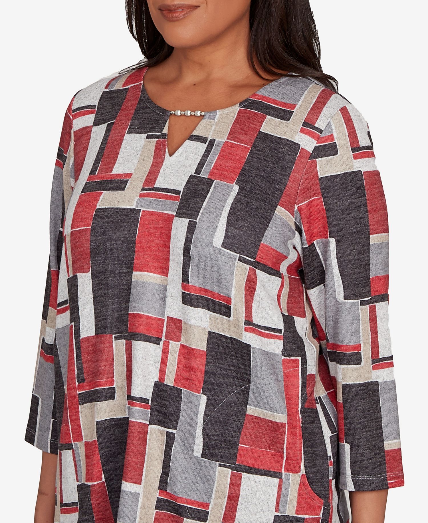 Women's Classic Color Block Split Beaded Neck Top