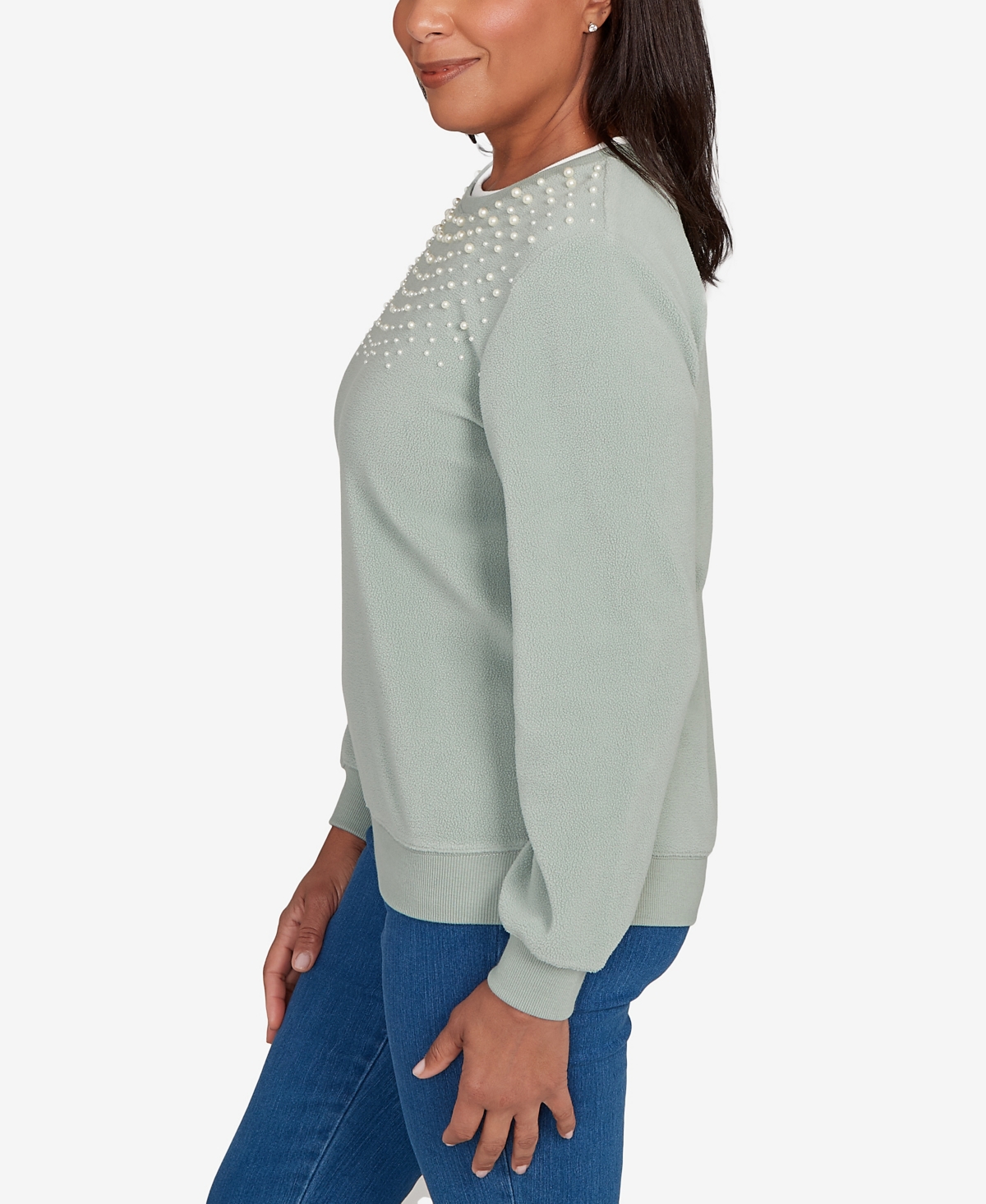 Alfred Dunner Plus Size Classic Embellished Neckline Anti-pill Sweater In Green