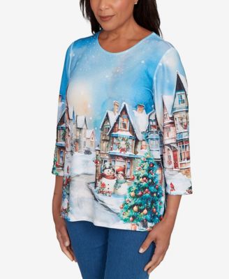 Women's Classic Embellished Snow Cabin Village Scene Crew Neck Top