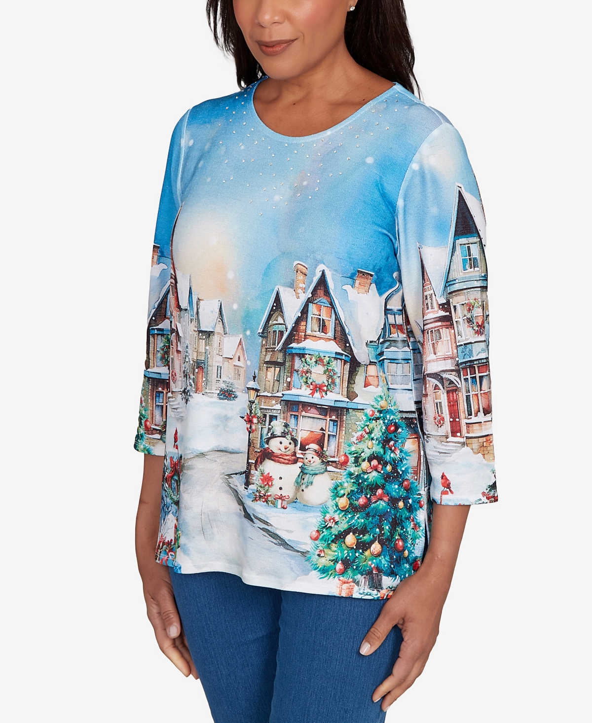 Alfred Dunner Petite Snow Cabin Scene Top In Multi