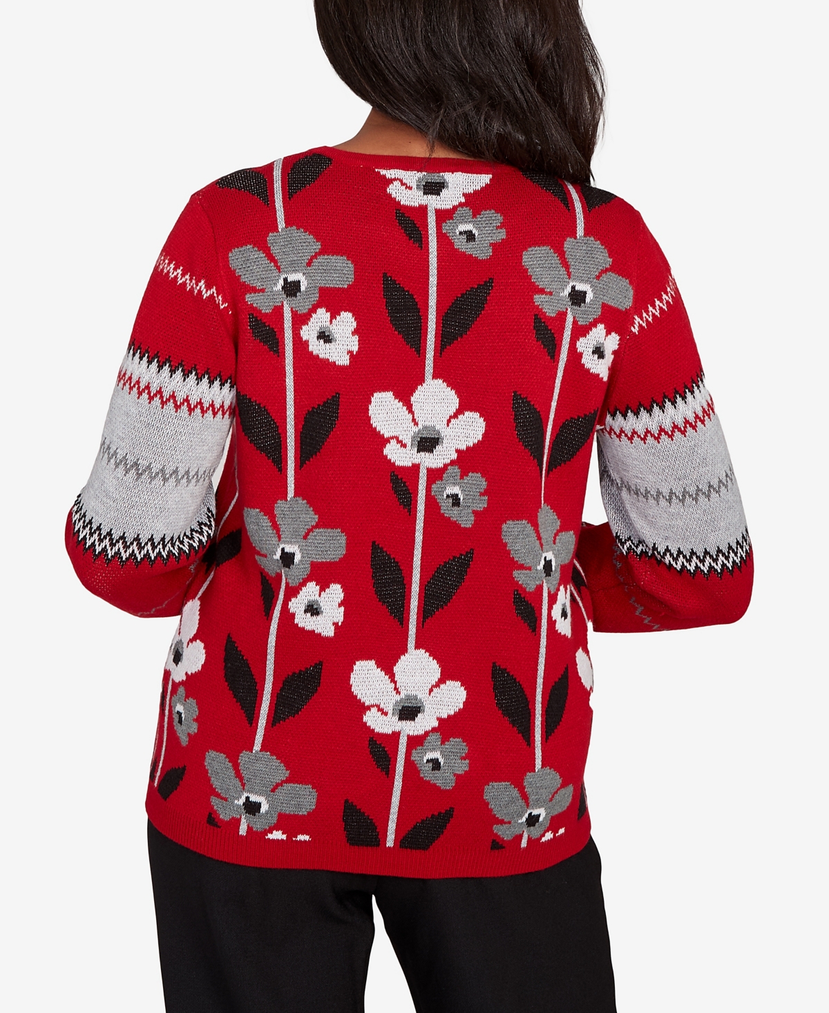Alfred Dunner Women's Classic Vertical Flower Zig Zag Long Sleeves Sweater In Red