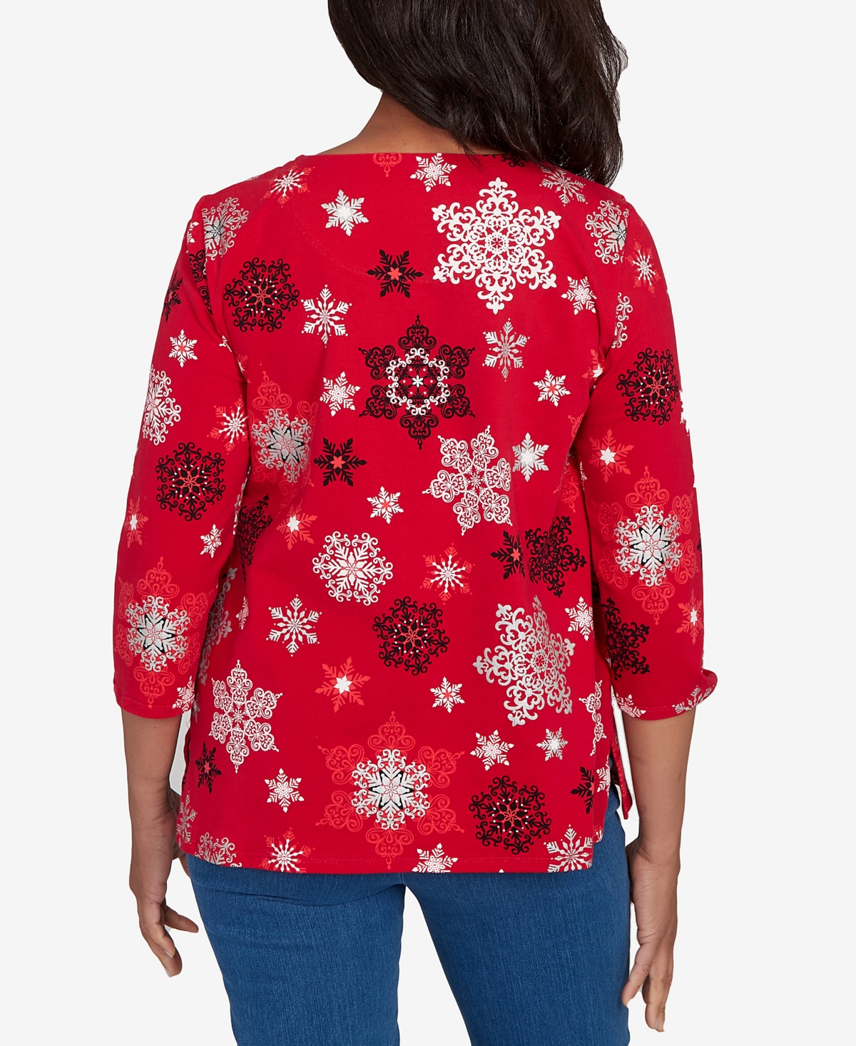 Alfred Dunner Women's Classic Embellished Snowflake Pleated Neck Top In Red