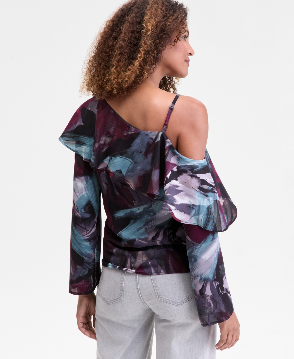 Inc International Concepts Women's Ruffled Asymmetrical-neck Blouse, Macy's Exclusive In Multi