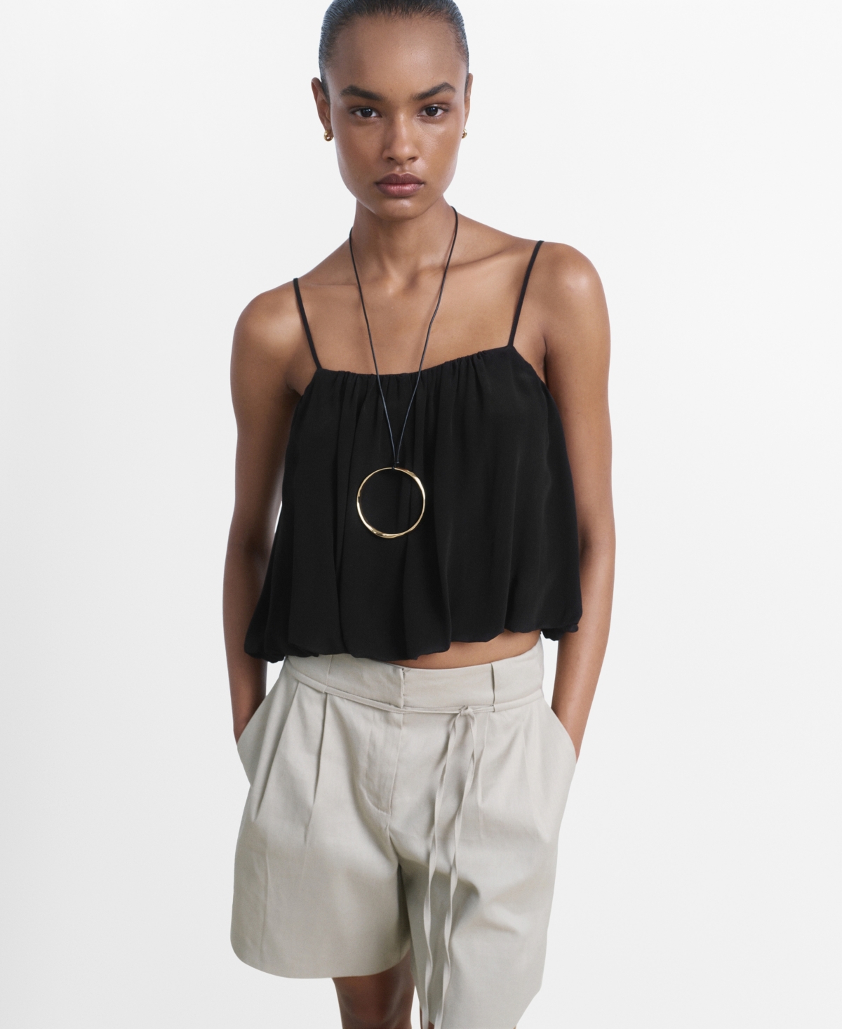 Mango Bubble Hem Crop Top In Black