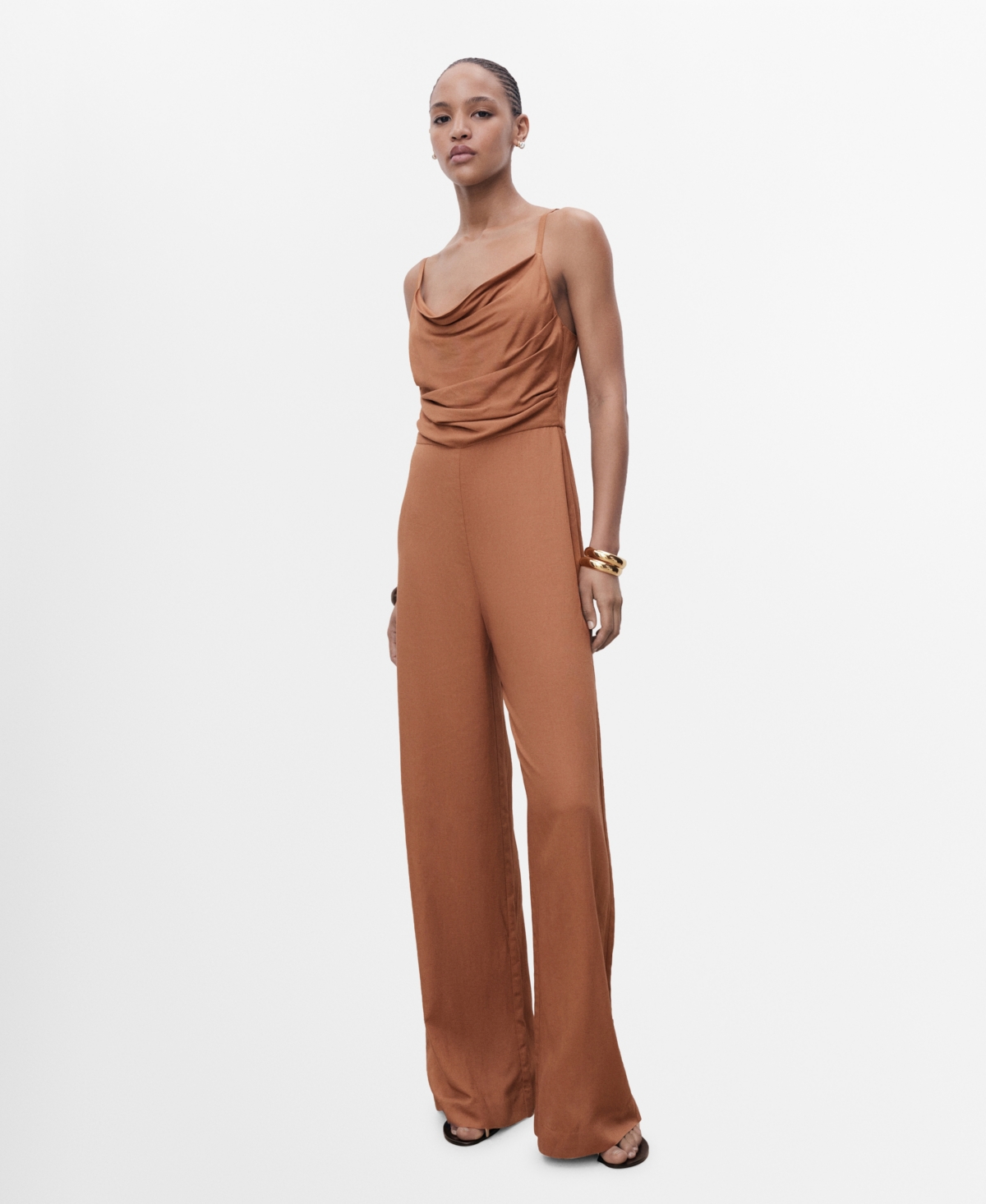 Women's Draped Neckline Long Jumpsuit - Brown