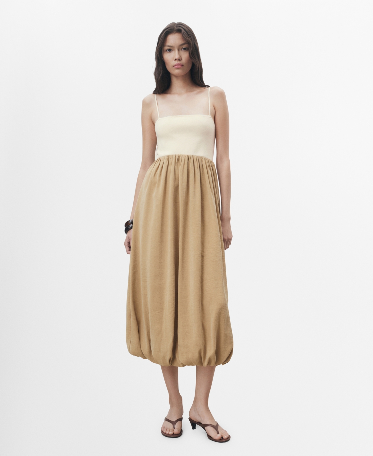 Mango Mixed Media Bubble Hem Midi Dress In Brown