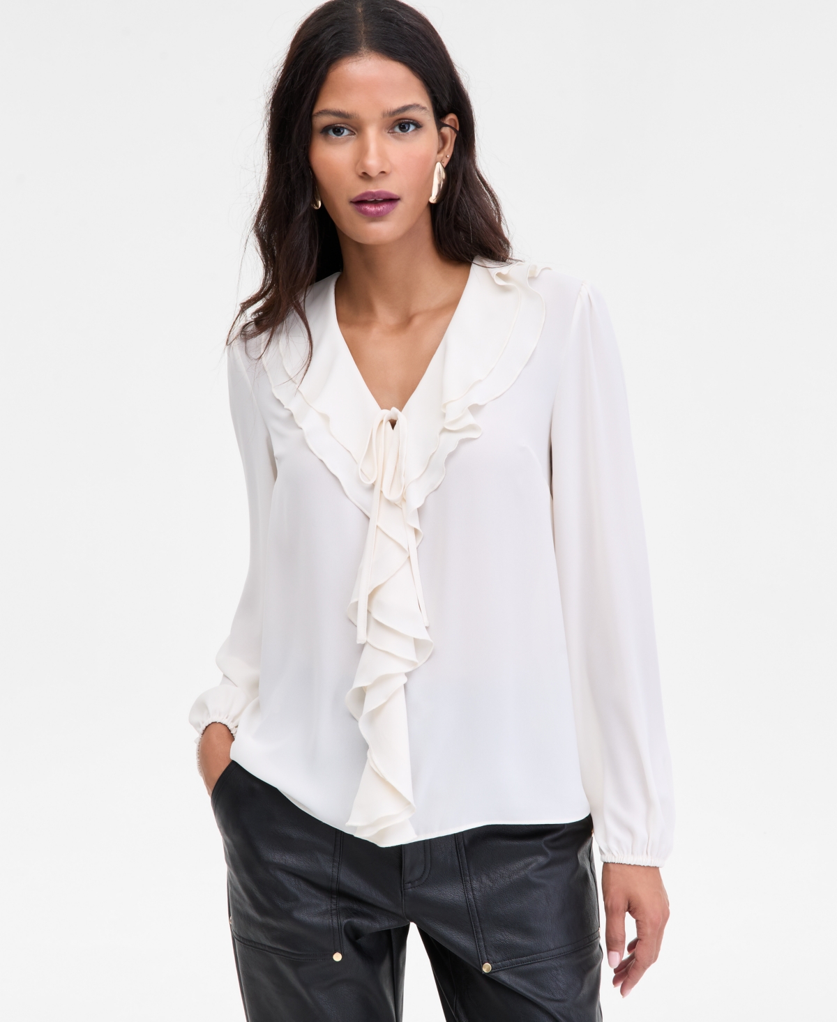 Inc International Concepts Women's Ruffle-collar V-neck Blouse, Macy's Exclusive In White