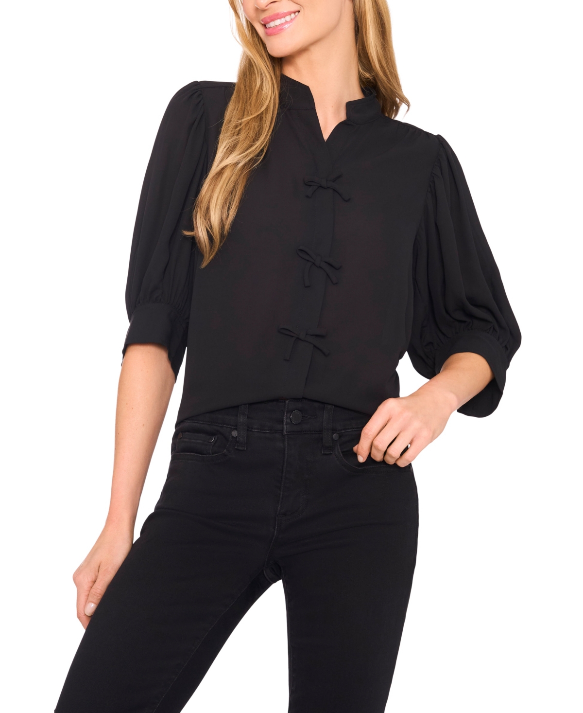 Cece Puff Sleeve Bow Placket Blouse In Black
